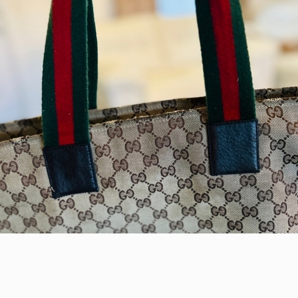Gucci GG Jacquard Leather Shelly Shoulder Bag Green Burgundy Classic Stripe Tote - Picture 5 of 13